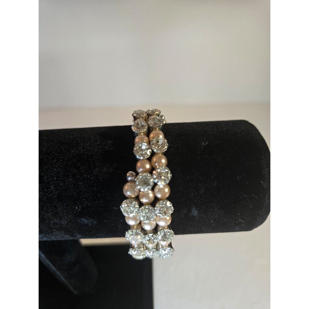 Memory Wire Bracelet with Faux Pearls and Sparkly Rhinestones